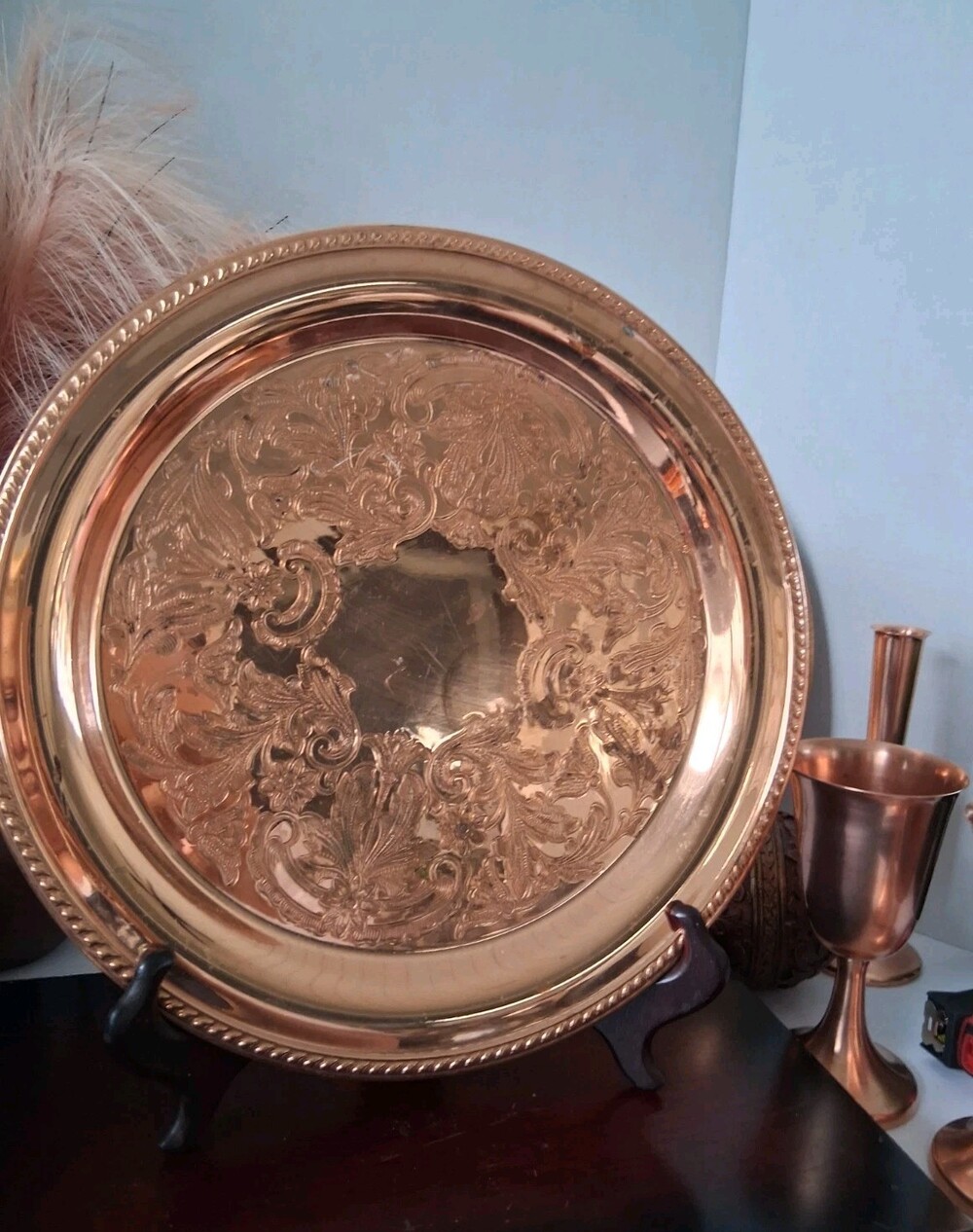 VTG Coppercraft Guild 13" Copper Presentation Tray; Ornately Etched; Rope Trim